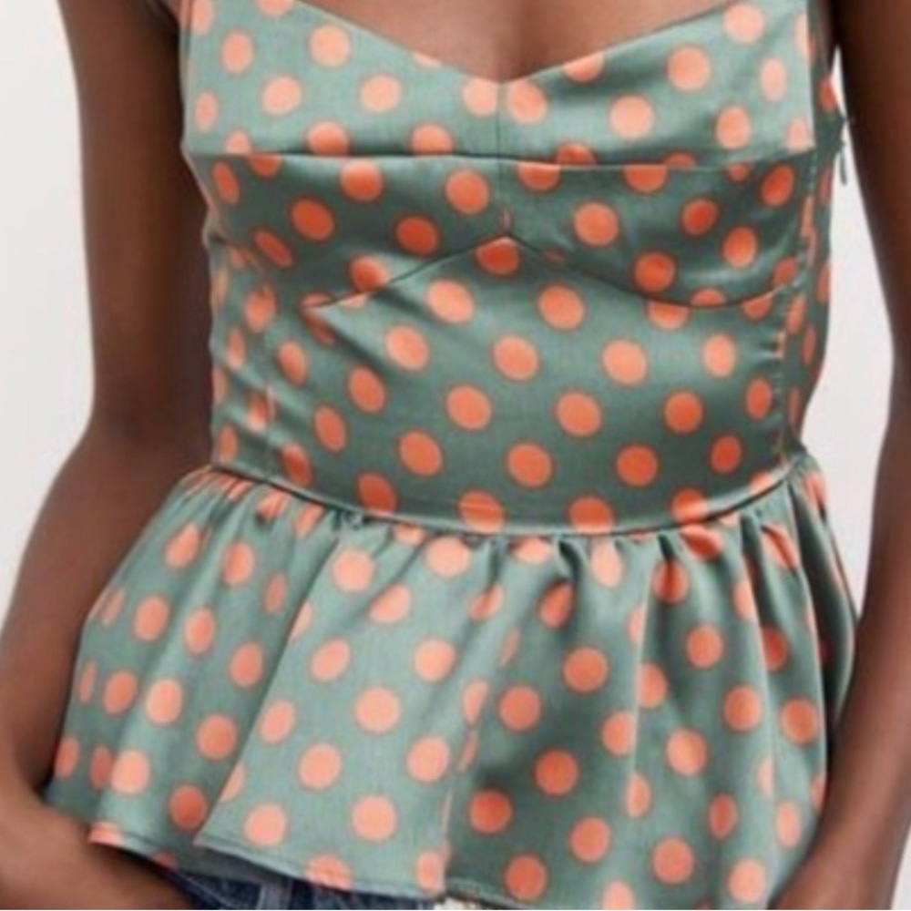 Zara Polka Dot Smocked‎ Peplum Tank Top Size M Green Orange Summer Size Small